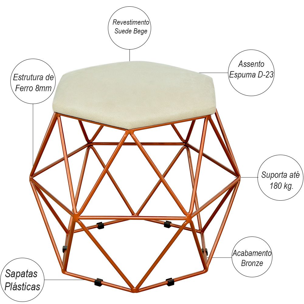 Puff Decorativo Aramado Bronze Six L02 Suede Bege - Lyam Decor