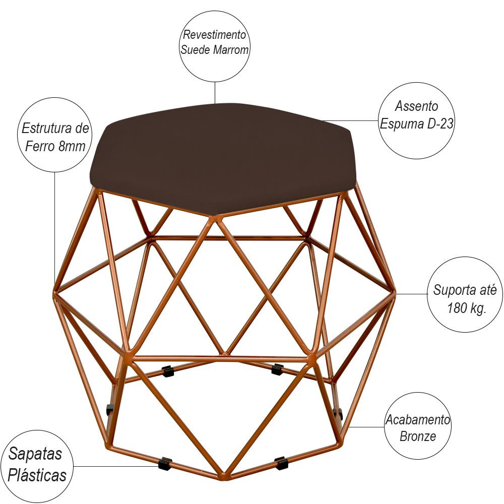 Puff Decorativo Aramado Bronze Six L02 Suede Marrom - Lyam Decor