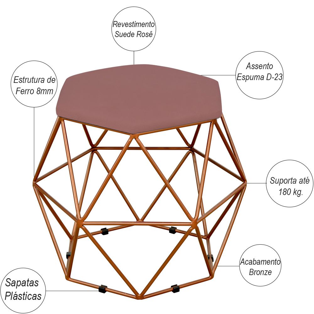 Puff Decorativo Aramado Bronze Six L02 Suede Rosê - Lyam Decor