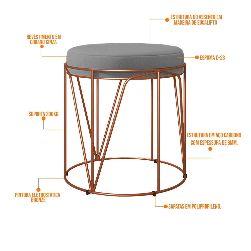 Puff Decorativo Aramado Bronze Zaya L02 Corano Cinza - Lyam Decor