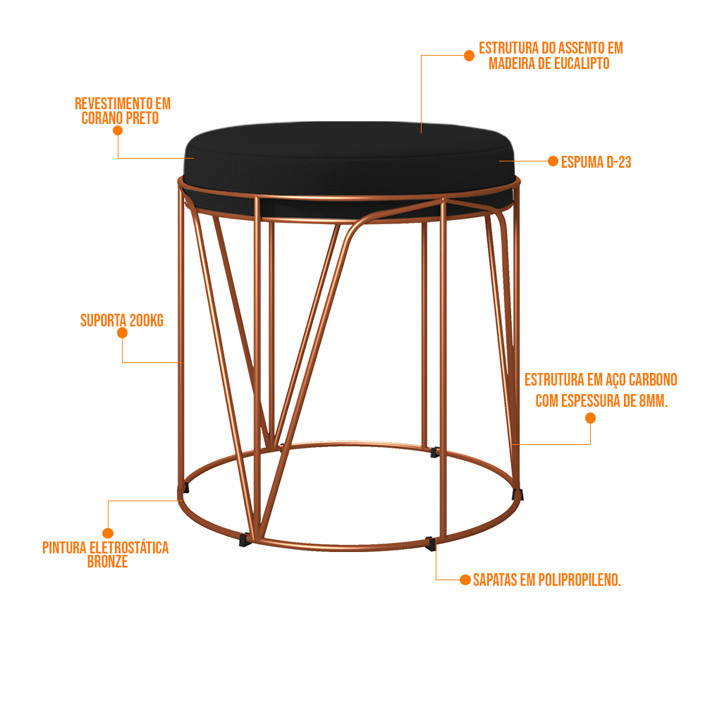 Puff Decorativo Aramado Bronze Zaya L02 Corano Preto - Lyam Decor