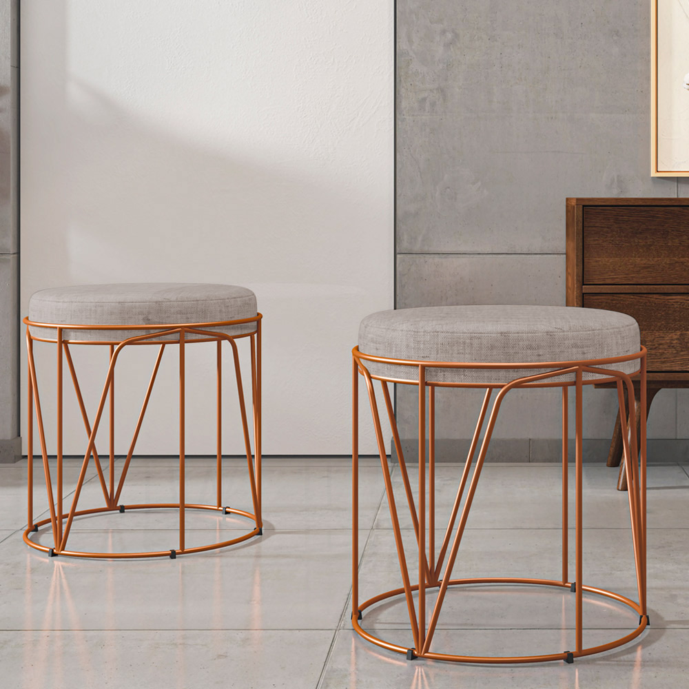 Puff Decorativo Aramado Bronze Zaya L02 Linho Bege - Lyam Decor