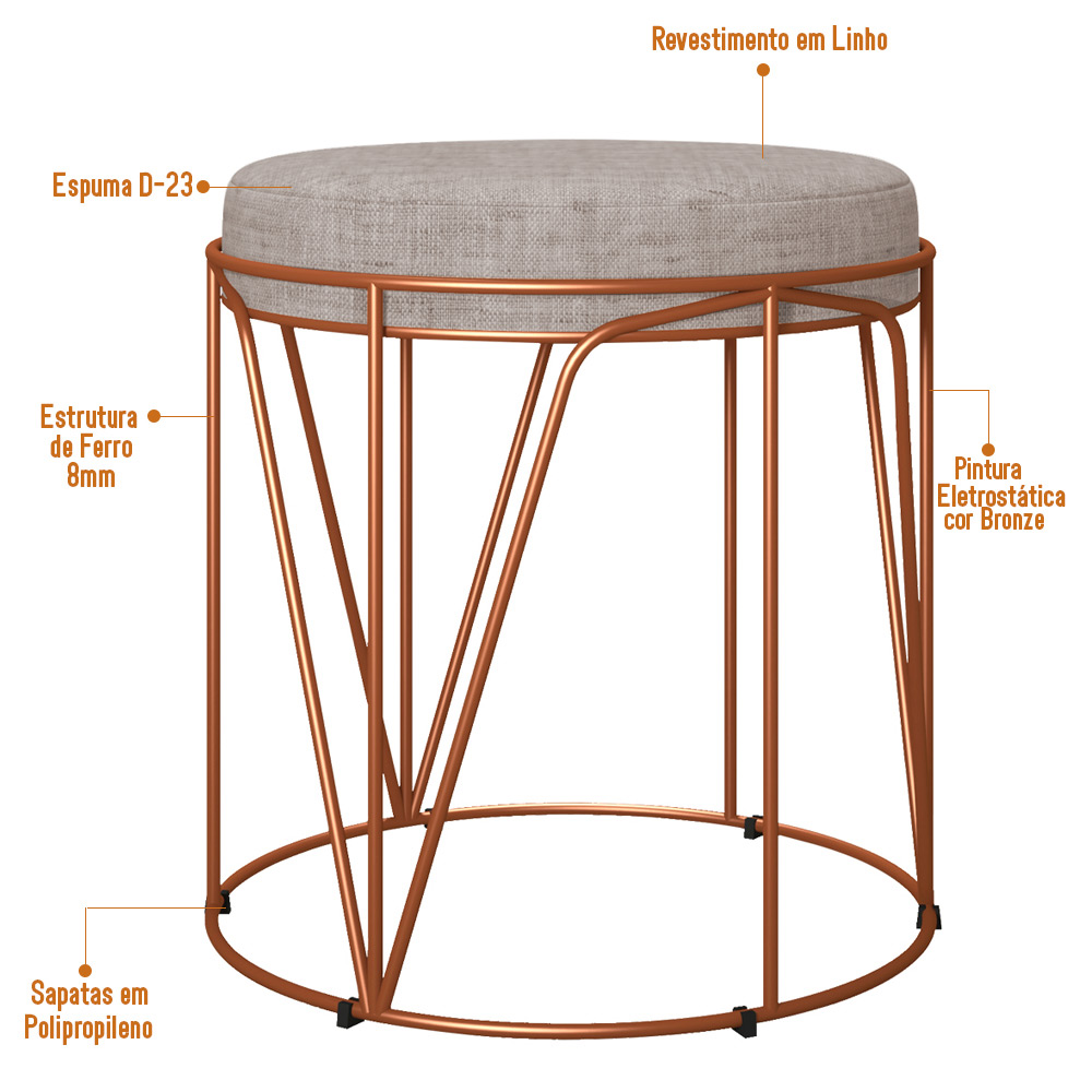 Puff Decorativo Aramado Bronze Zaya L02 Linho Bege - Lyam Decor