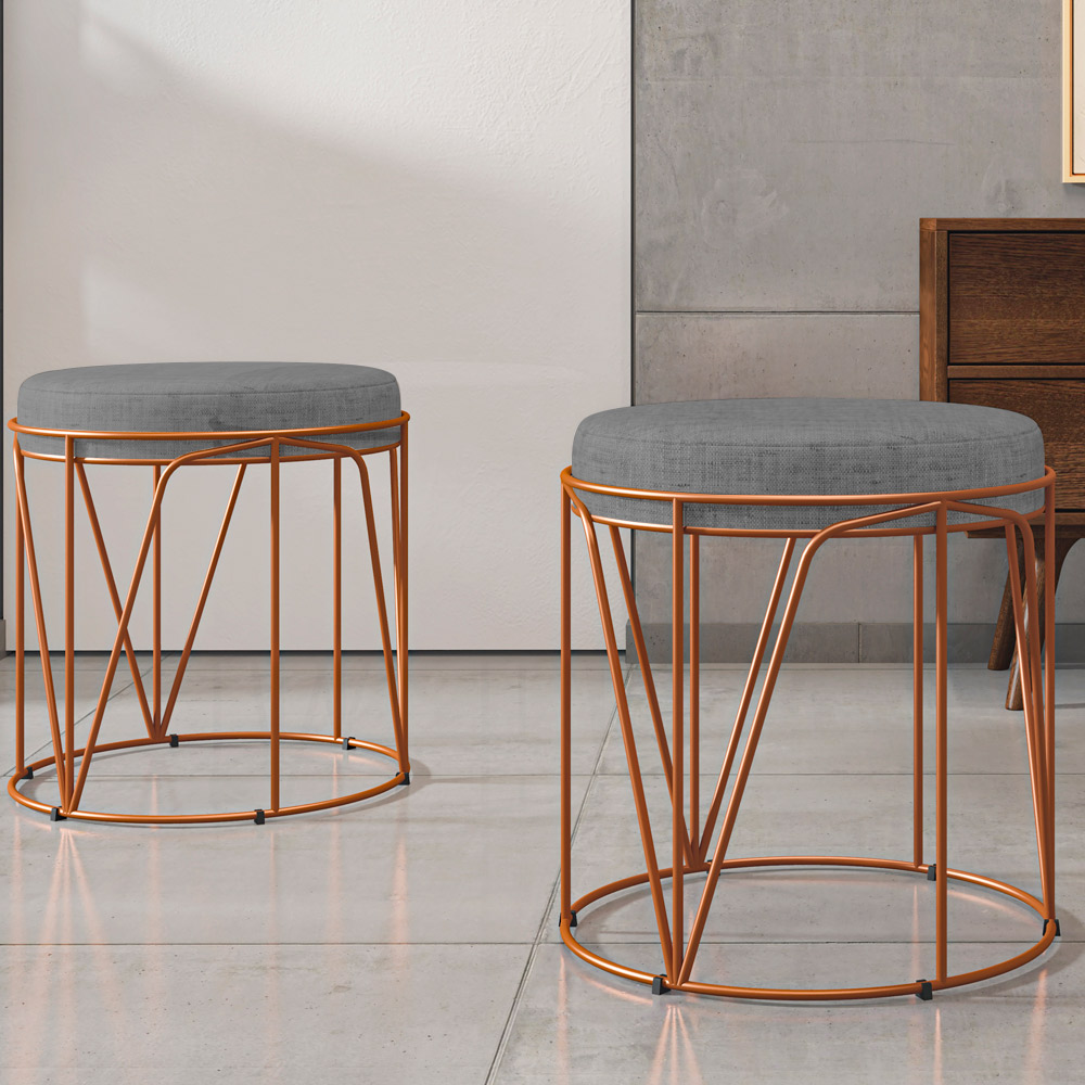 Puff Decorativo Aramado Bronze Zaya L02 Linho Cinza Escuro - Lyam Decor