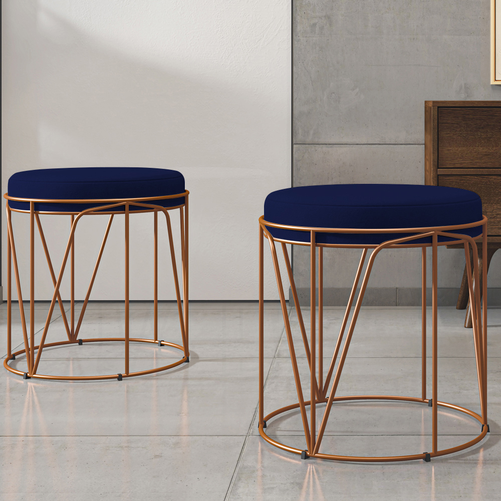 Puff Decorativo Aramado Bronze Zaya L02 Suede Azul Marinho - Lyam Decor
