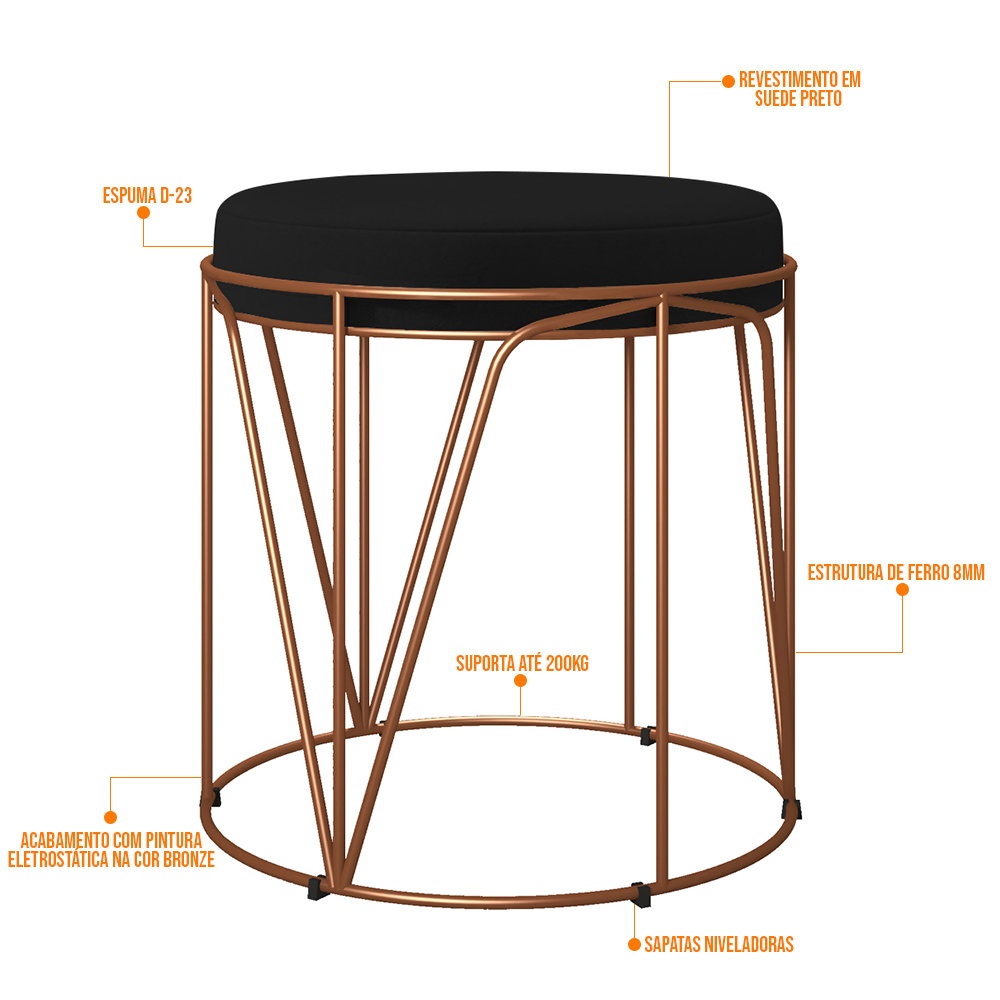 Puff Decorativo Aramado Bronze Zaya L02 Suede Preto - Lyam Decor