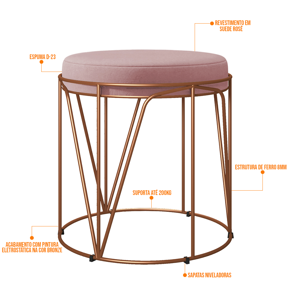 Puff Decorativo Aramado Bronze Zaya L02 Suede Rosê - Lyam Decor