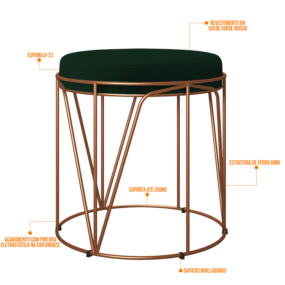 Puff Decorativo Aramado Bronze Zaya L02 Suede Verde Musgo - Lyam Decor