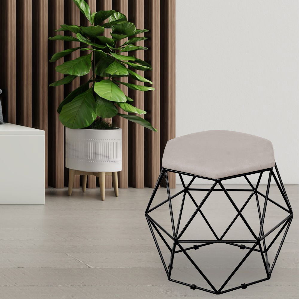 Puff Decorativo Aramado Preto Six L02 Linho Bege - Lyam Decor