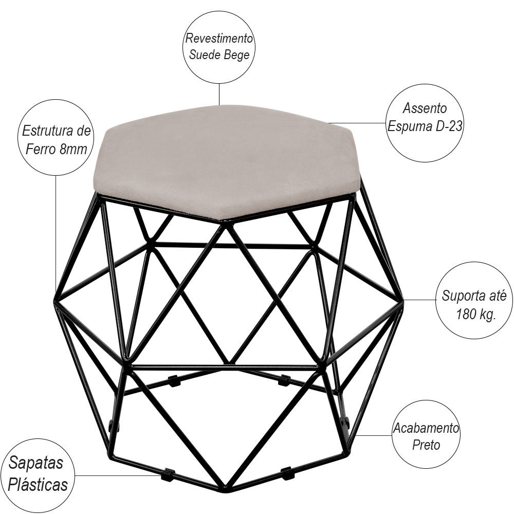 Puff Decorativo Aramado Preto Six L02 Linho Bege - Lyam Decor