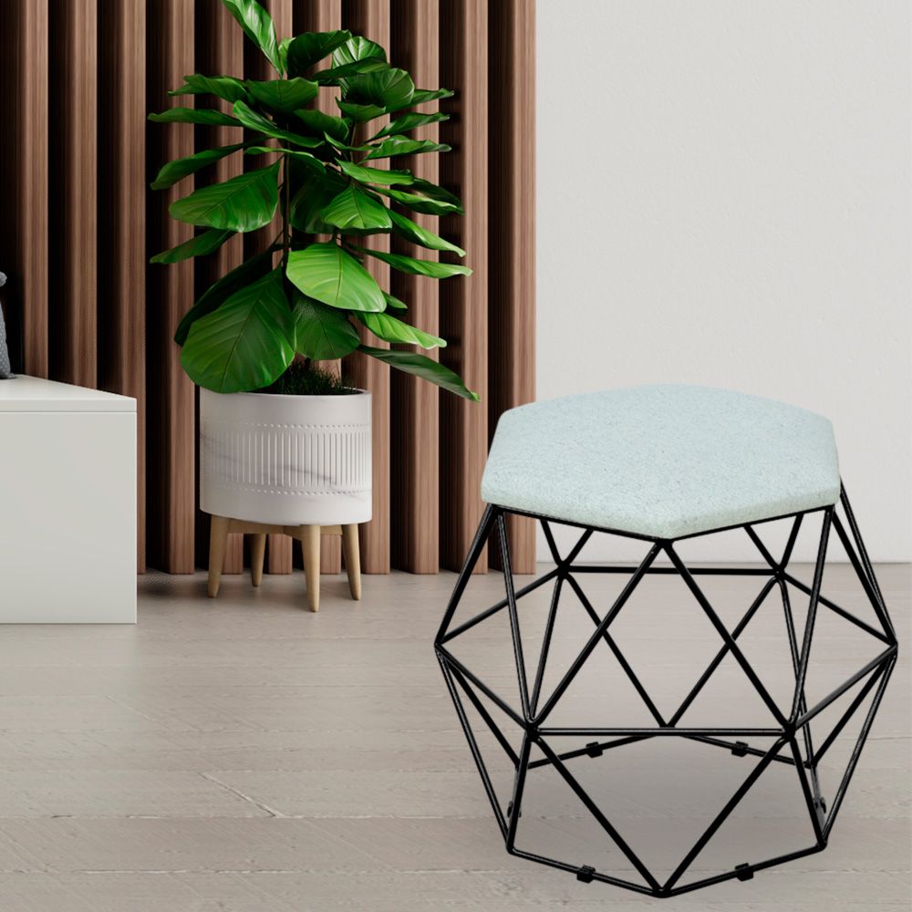 Puff Decorativo Aramado Preto Six L02 Linho Cinza - Lyam Decor
