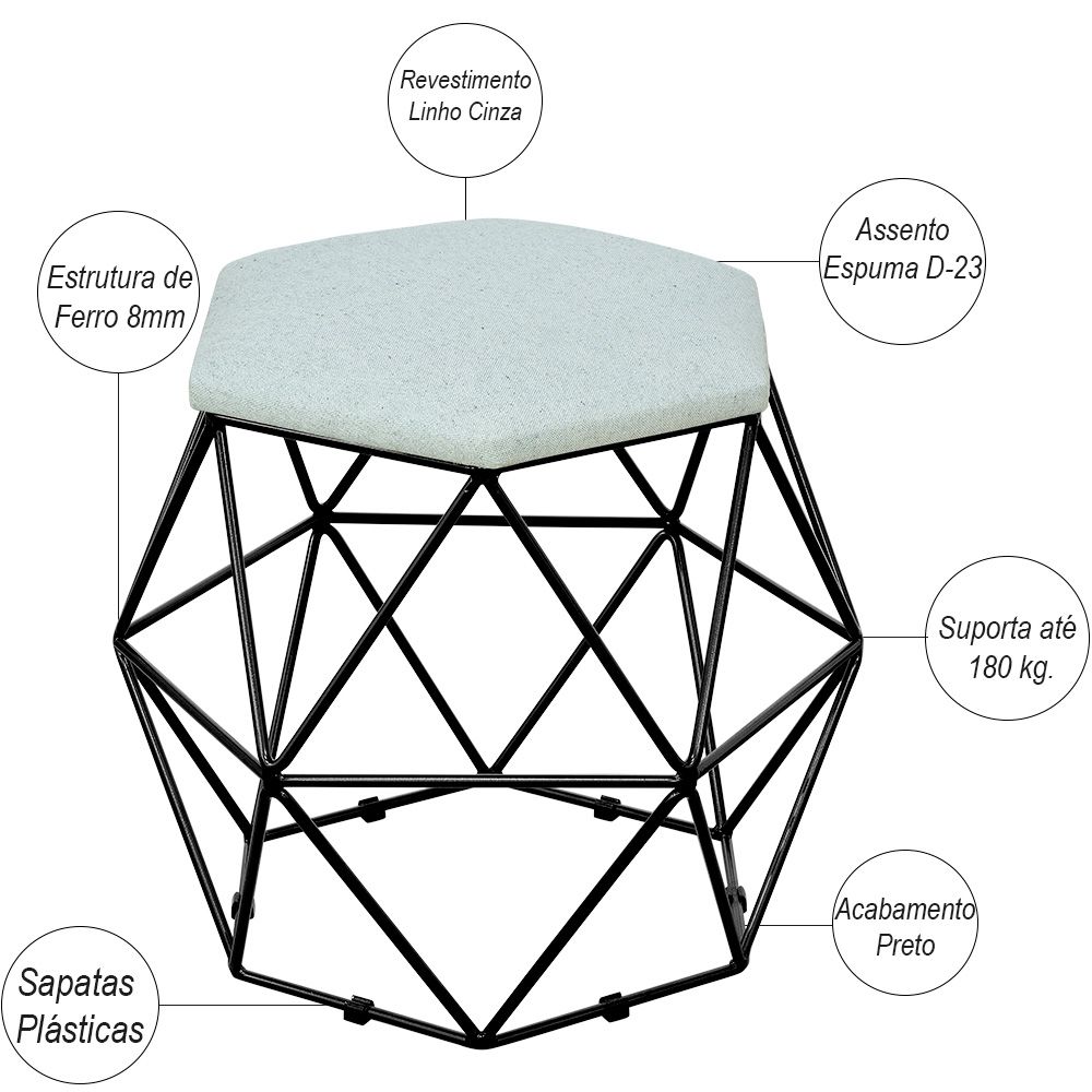 Puff Decorativo Aramado Preto Six L02 Linho Cinza - Lyam Decor