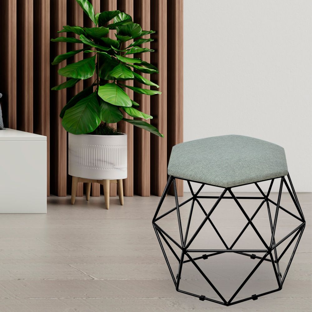 Puff Decorativo Aramado Preto Six L02 Linho Cinza Escuro - Lyam Decor