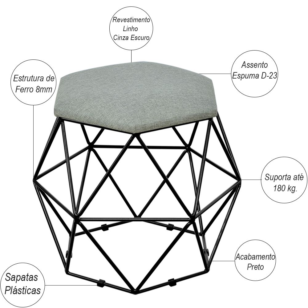 Puff Decorativo Aramado Preto Six L02 Linho Cinza Escuro - Lyam Decor