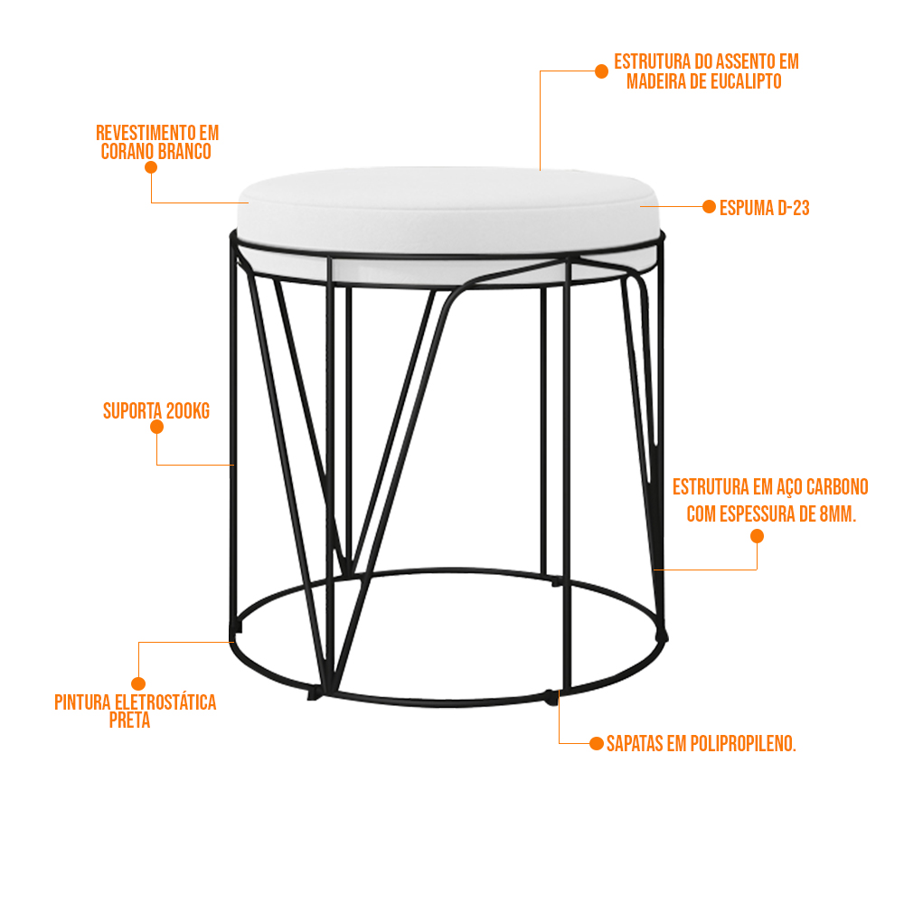 Puff Decorativo Aramado Preto Zaya L02 Corano Branco - Lyam Decor
