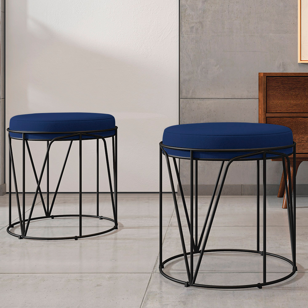 Puff Decorativo Aramado Preto Zaya L02 Suede Azul Marinho - Lyam Decor