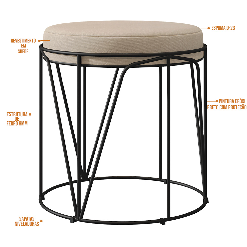 Puff Decorativo Aramado Preto Zaya L02 Suede Bege - Lyam Decor
