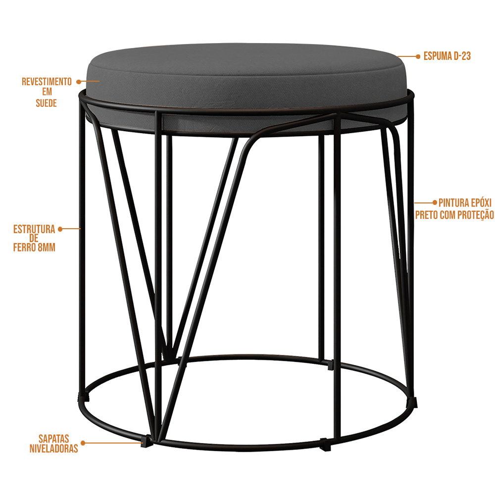 Puff Decorativo Aramado Preto Zaya L02 Suede Cinza - Lyam Decor