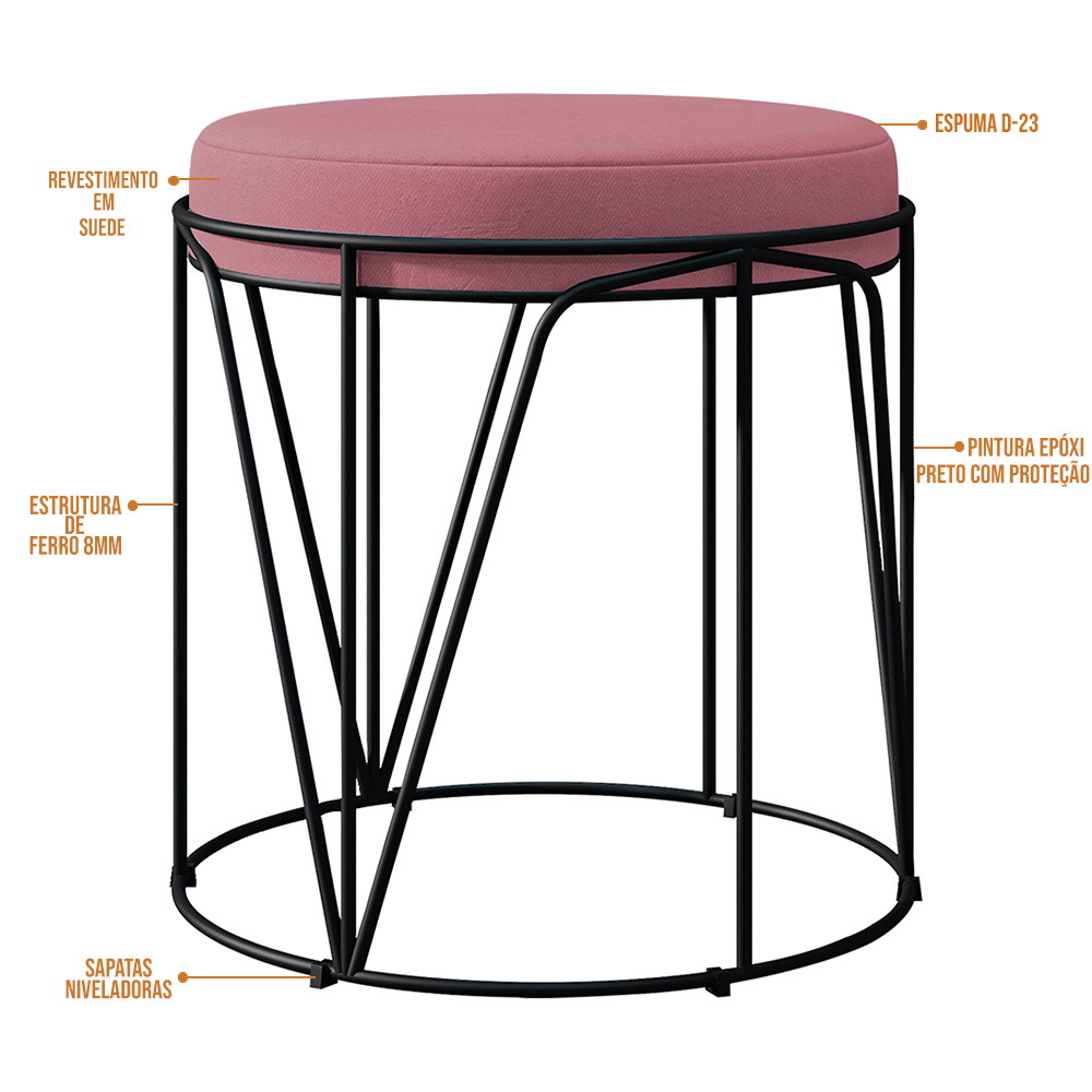 Puff Decorativo Aramado Preto Zaya L02 Suede Rosê - Lyam Decor