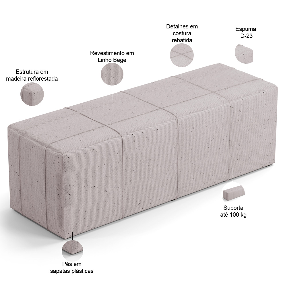 Puff Decorativo Living Sala de Estar 140 cm Roma W01 Linho Bege - Lyam