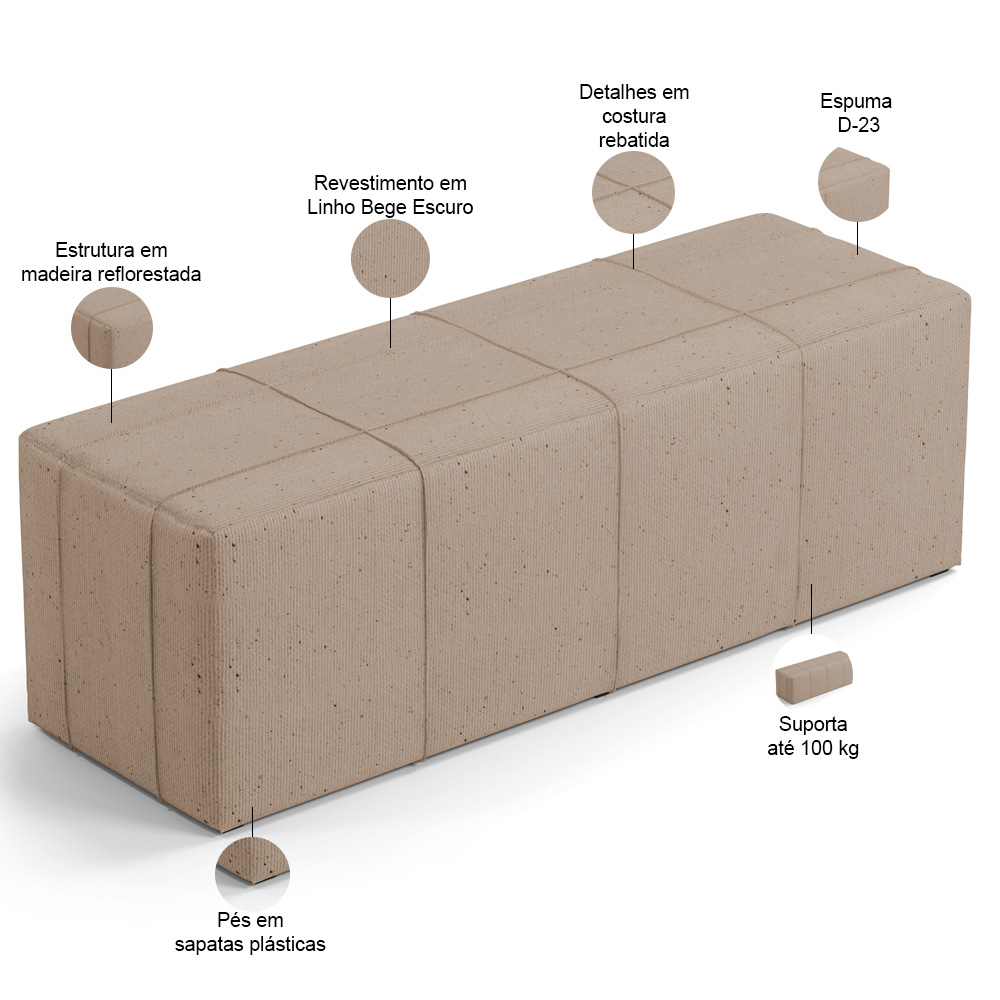 Puff Decorativo Living Sala de Estar 140 cm Roma W01 Linho Bege Escuro - Lyam