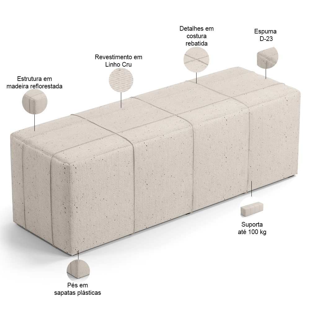 Puff Decorativo Living Sala de Estar 140 cm Roma W01 Linho Cru - Lyam