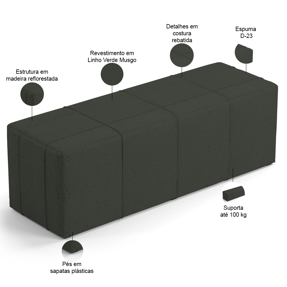 Puff Decorativo Living Sala de Estar 140 cm Roma W01 Linho Verde Musgo - Lyam