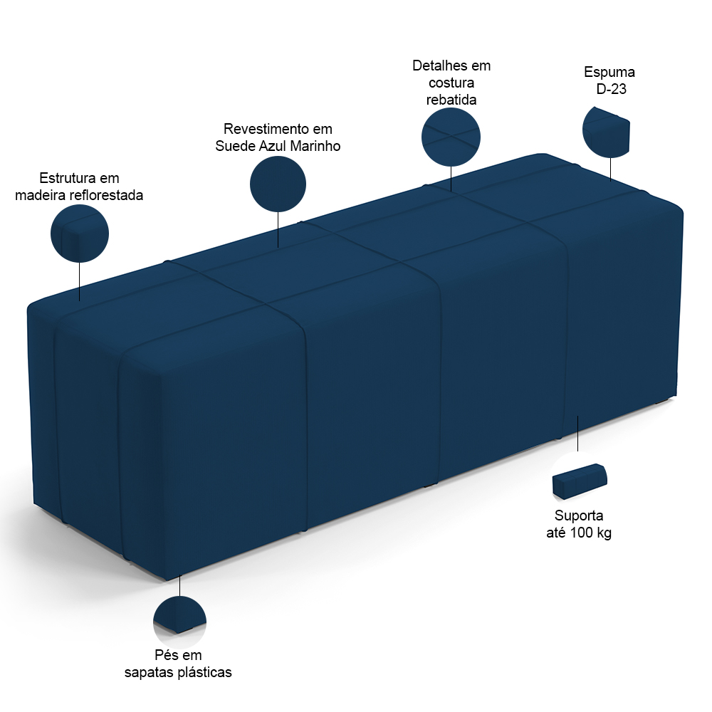 Puff Decorativo Living Sala de Estar 140 cm Roma W01 Suede Azul Marinho - Lyam