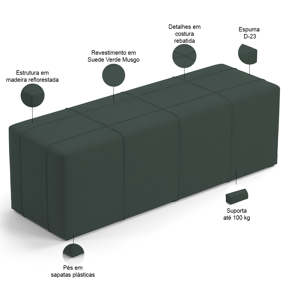Puff Decorativo Living Sala de Estar 140 cm Roma W01 Suede Verde Musgo - Lyam