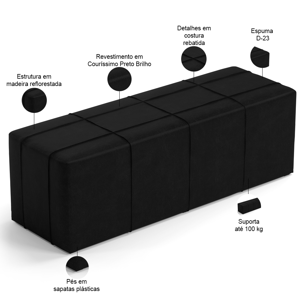 Puff Decorativo Living Sala de Estar 160 cm Roma W01 Couríssimo Preto - Lyam