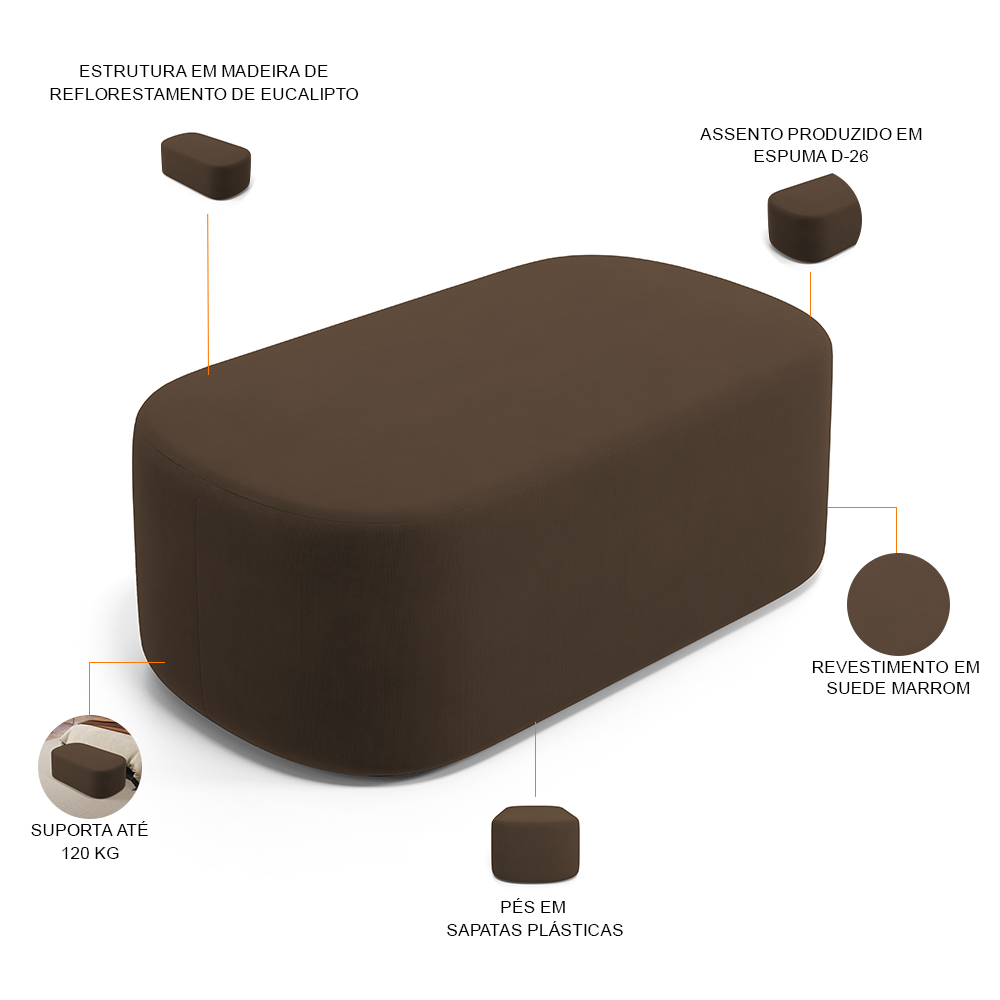 Puff Decorativo Orgânico Para Living Quarto 100cm Doha W01 Suede Marrom - Lyam Decor