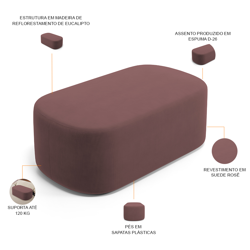 Puff Decorativo Orgânico Para Living Quarto 100cm Doha W01 Suede Rosê - Lyam Decor