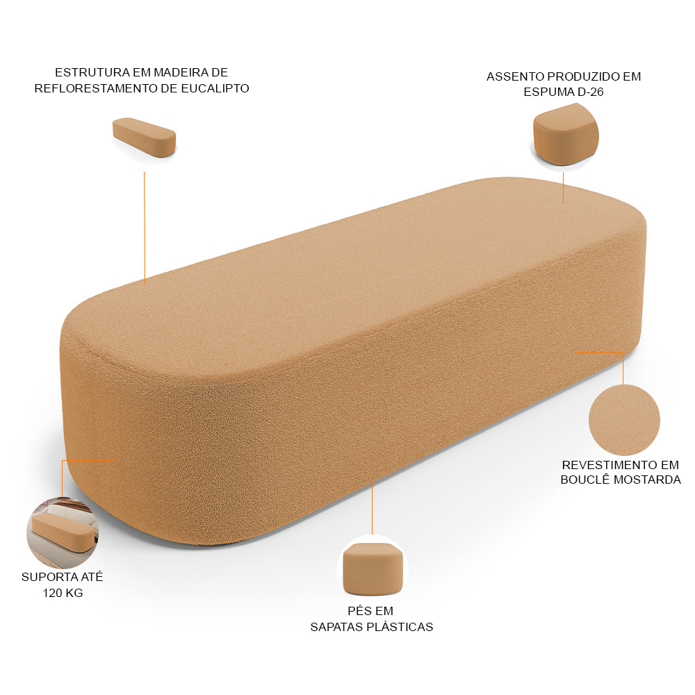 Puff Decorativo Orgânico Para Living Quarto 195cm Doha W01 Bouclê Mostarda - Lyam Decor