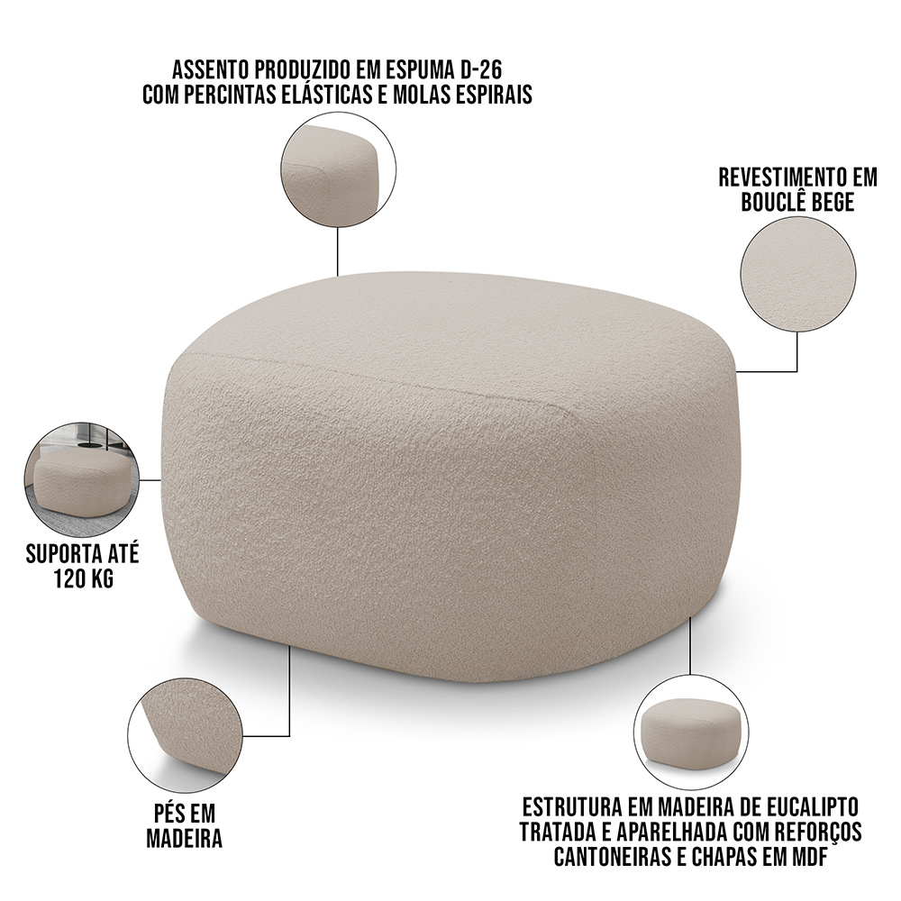 Puff Decorativo Orgânico Para Sala de Estar Living Barolo L06 Bouclê Bege - Lyam Decor