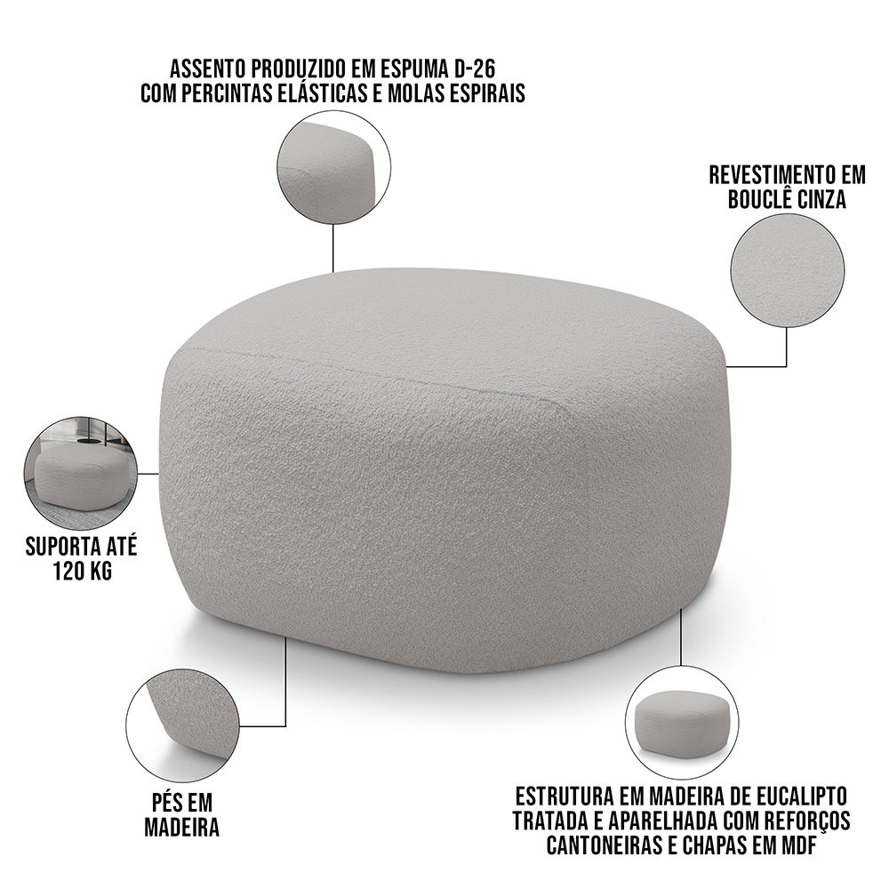 Puff Decorativo Orgânico Para Sala de Estar Living Barolo L06 Bouclê Cinza - Lyam Decor
