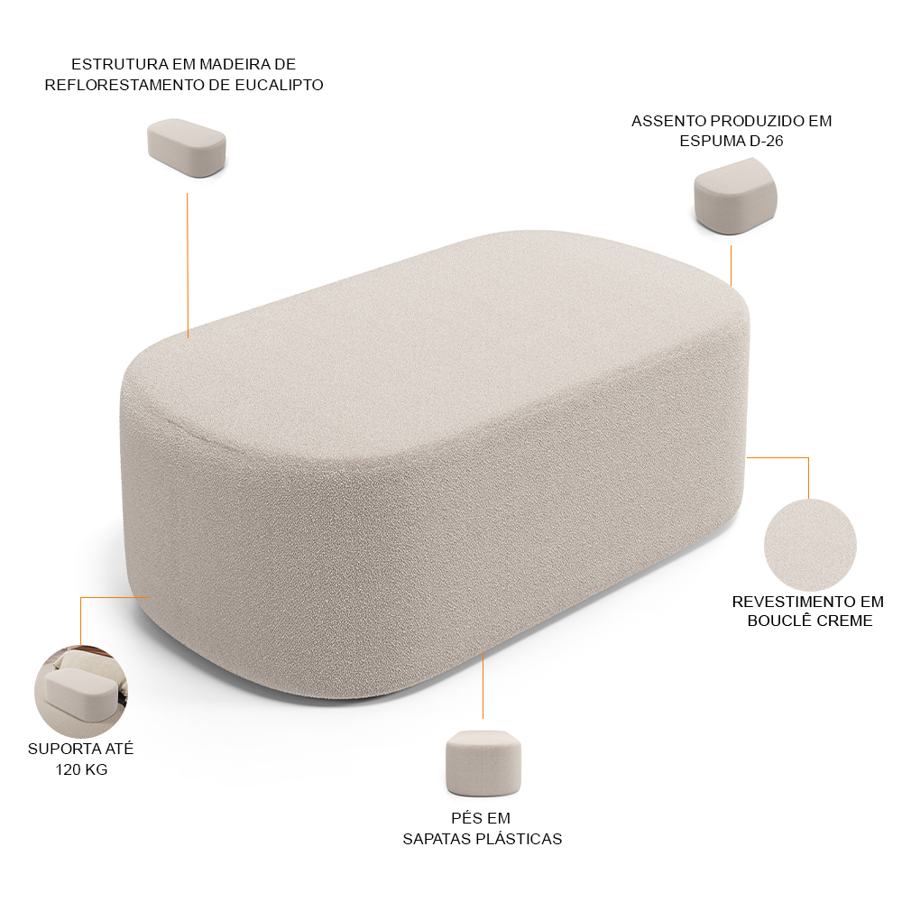 Puff Decorativo Orgânico para Living Quarto 100cm Doha W01 Bouclê Creme - Lyam Decor