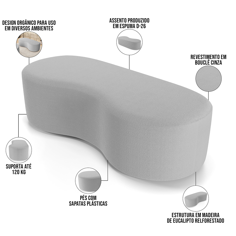 Puff Decorativo Orgânico para Living Quarto 140cm Orbit W01 Bouclê Cinza - Lyam Decor