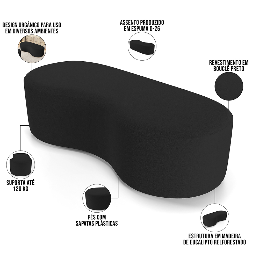 Puff Decorativo Orgânico para Living Quarto 140cm Orbit W01 Bouclê Preto- Lyam Decor