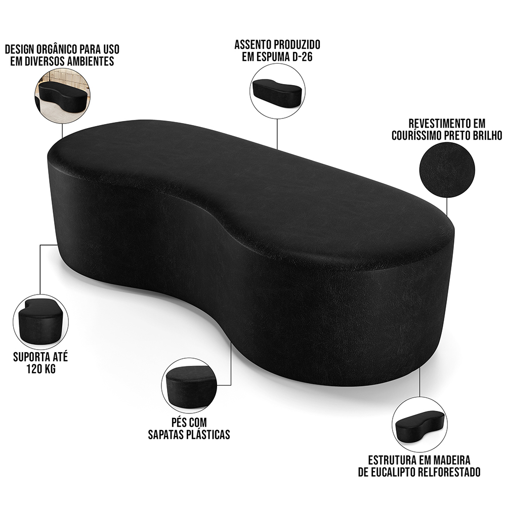 Puff Decorativo Orgânico para Living Quarto 140cm Orbit W01 Couríssimo Preto - Lyam Decor