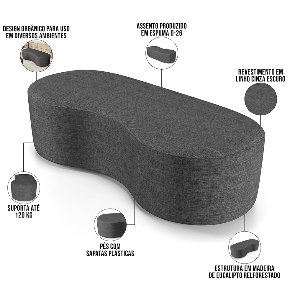 Puff Decorativo Orgânico para Living Quarto 140cm Orbit W01 Linho Cinza Escuro - Lyam Decor