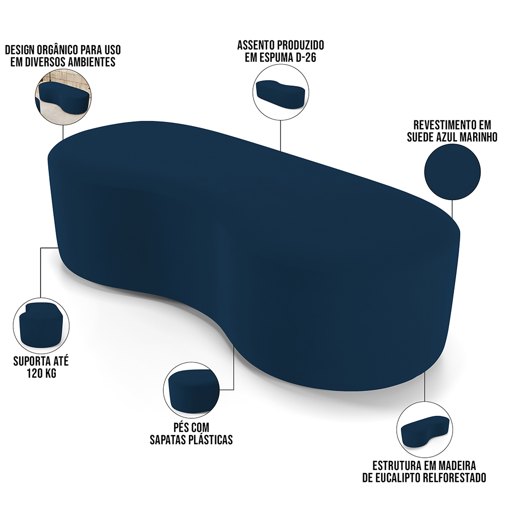 Puff Decorativo Orgânico para Living Quarto 140cm Orbit W01 Suede Azul Marinho - Lyam Decor