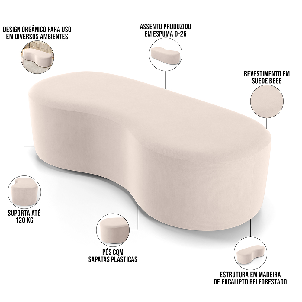 Puff Decorativo Orgânico para Living Quarto 140cm Orbit W01 Suede Bege - Lyam Decor