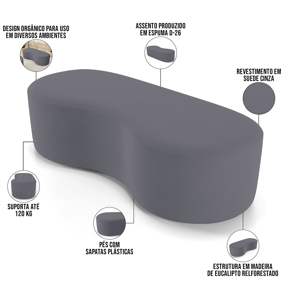 Puff Decorativo Orgânico para Living Quarto 140cm Orbit W01 Suede Cinza - Lyam Decor