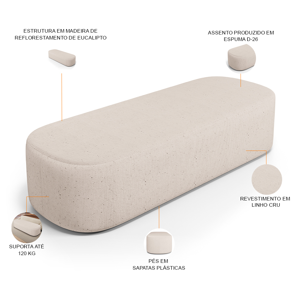 Puff Decorativo Orgânico para Living Quarto 160cm Doha W01 Linho Cru - Lyam Decor