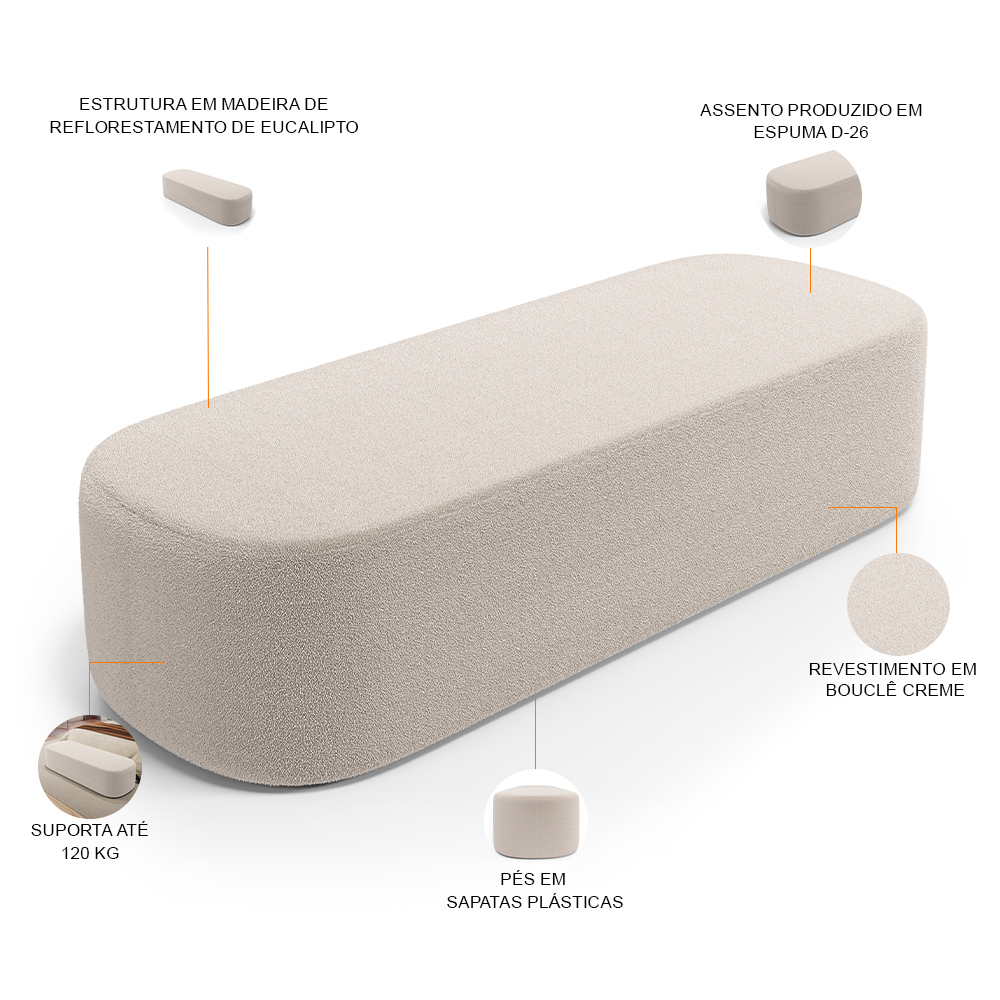 Puff Decorativo Orgânico para Living Quarto 195cm Doha W01 Bouclê Creme - Lyam Decor