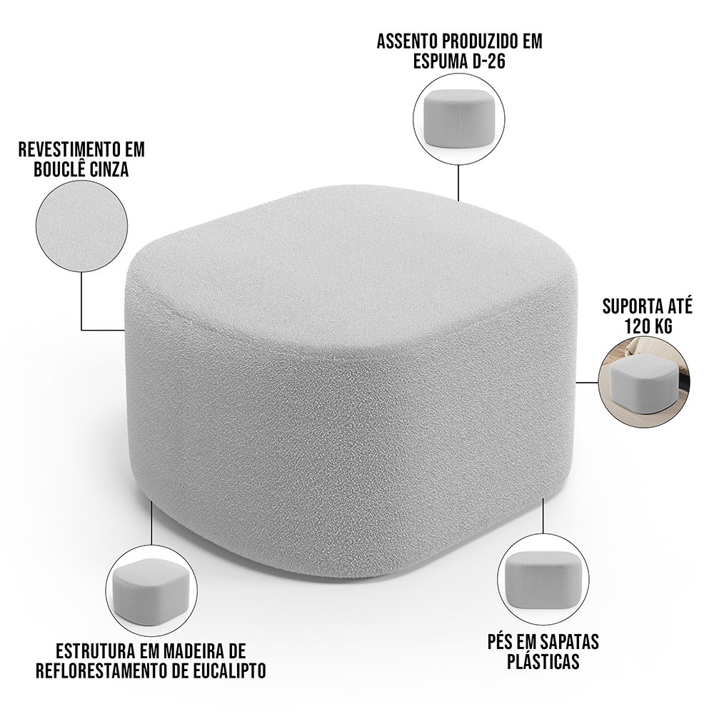 Puff Decorativo Orgânico para Living Quarto 70cm Doha W01 Bouclê Cinza - Lyam Decor