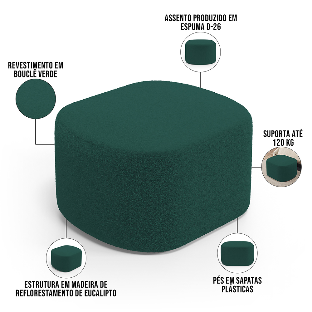 Puff Decorativo Orgânico para Living Quarto 70cm Doha W01 Bouclê Verde - Lyam Decor