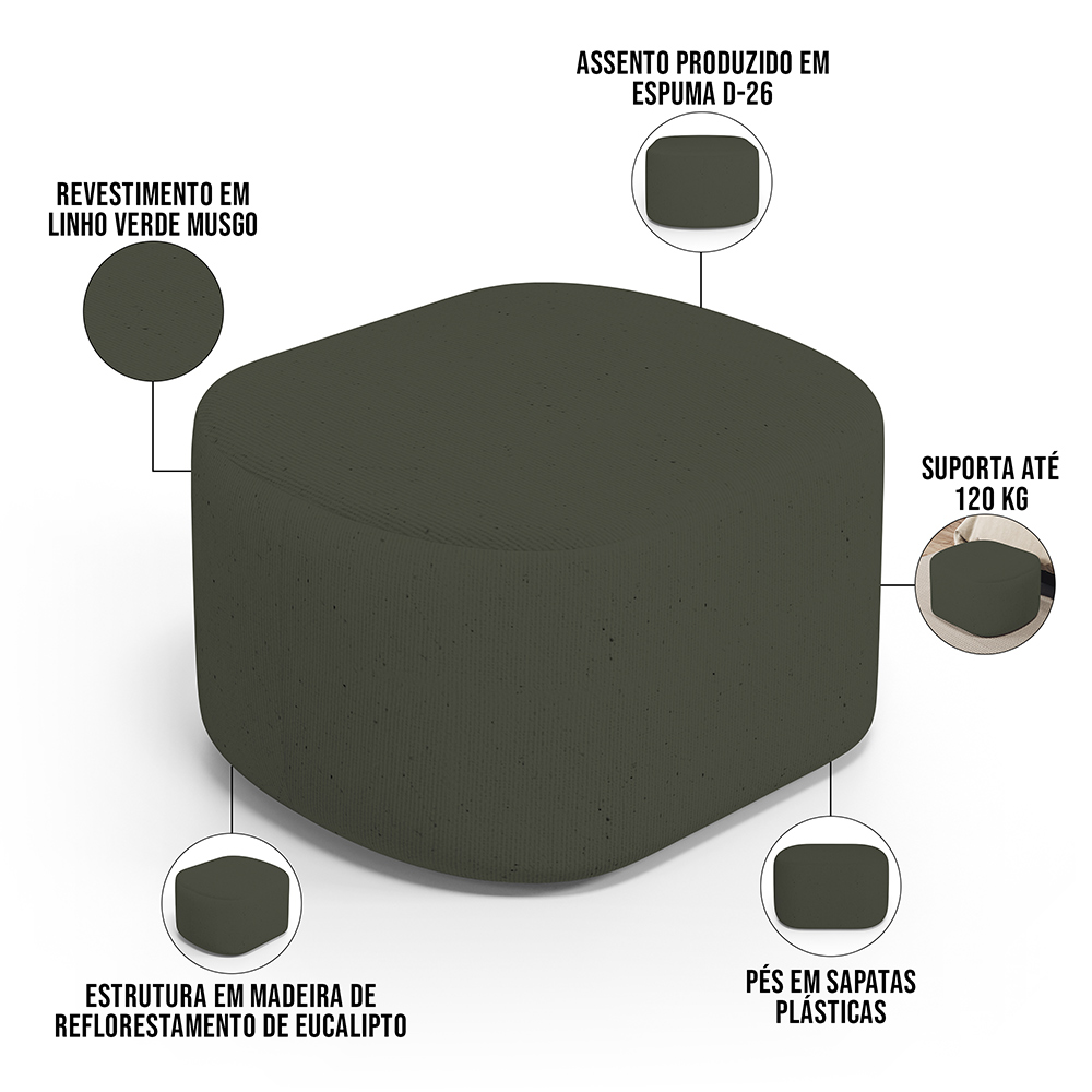 Puff Decorativo Orgânico para Living Quarto 70cm Doha W01 Linho Verde Musgo - Lyam Decor