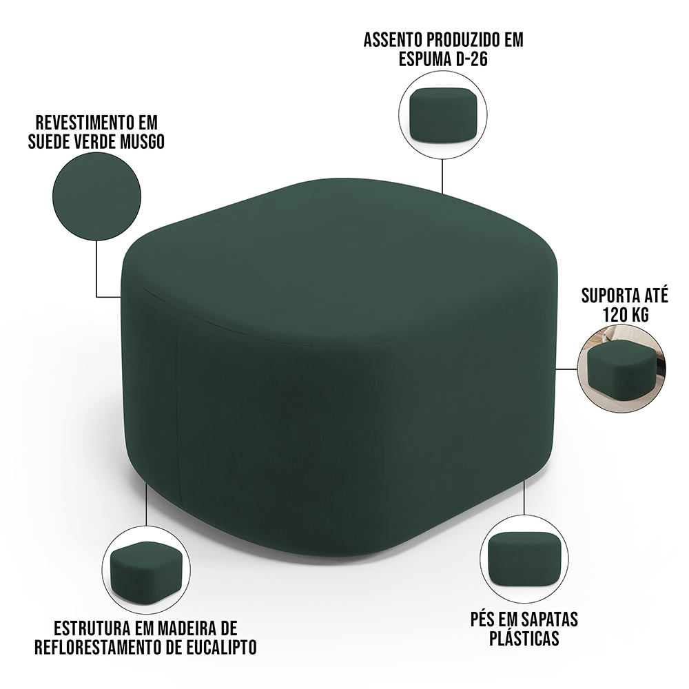 Puff Decorativo Orgânico para Living Quarto 70cm Doha W01 Suede Verde Musgo - Lyam Decor
