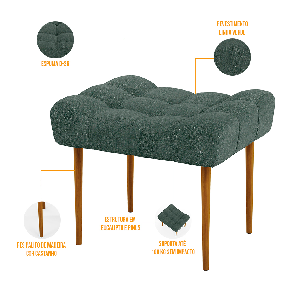 Puff Decorativo Para Sala De Estar Requinte L02 Linho Verde Musgo - Lyam Decor